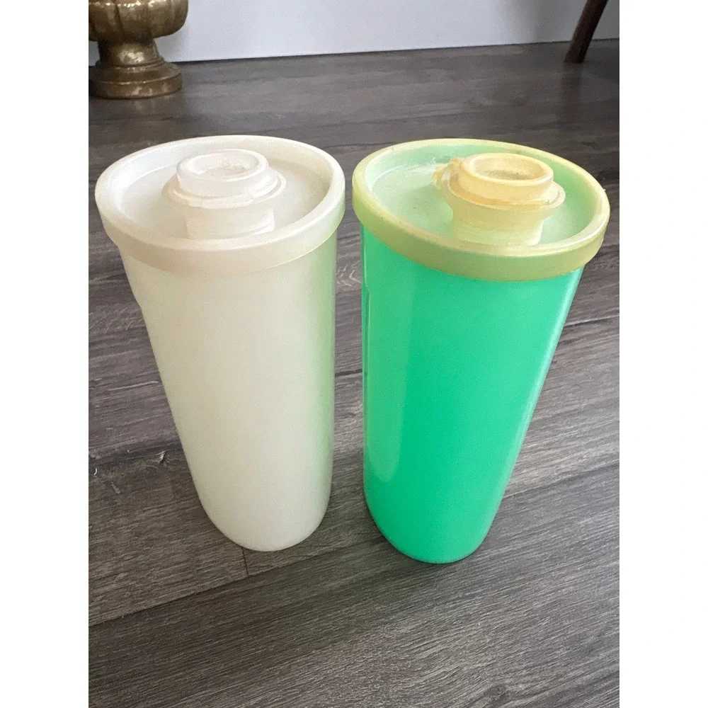 Vintage Tupperware Set of 2 Flip Top Shaker Pitchers Mint Green White 16oz